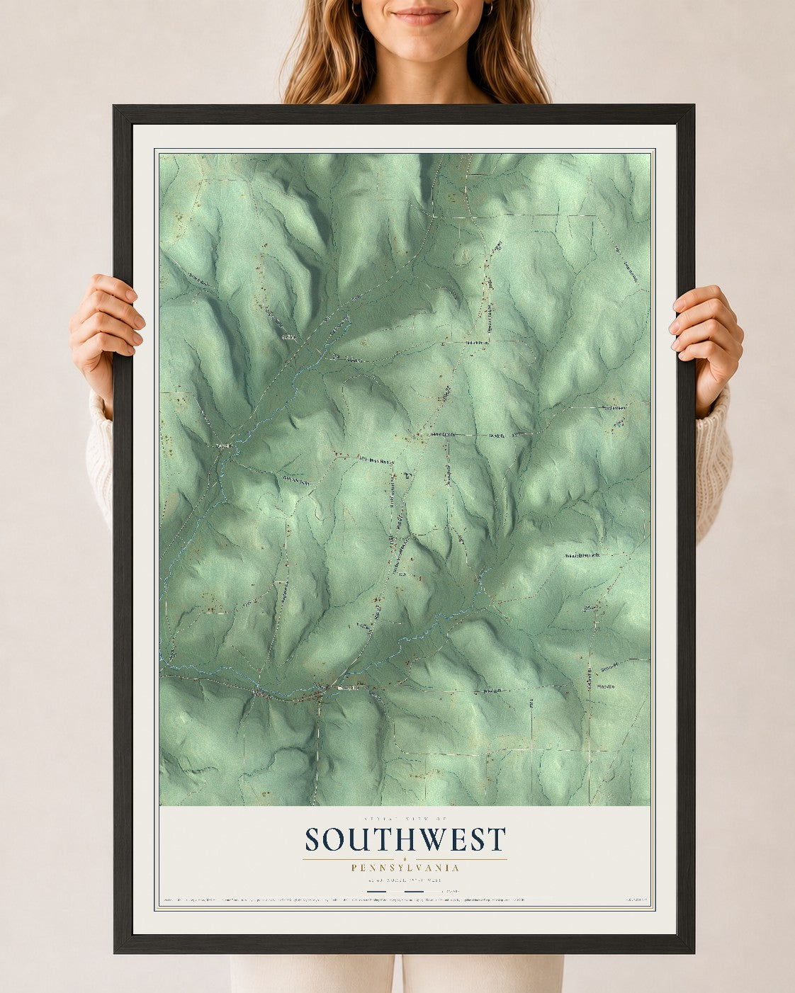 Map of Southwest, Pennsylvania, 24 x 36 inch print in a black wood frame