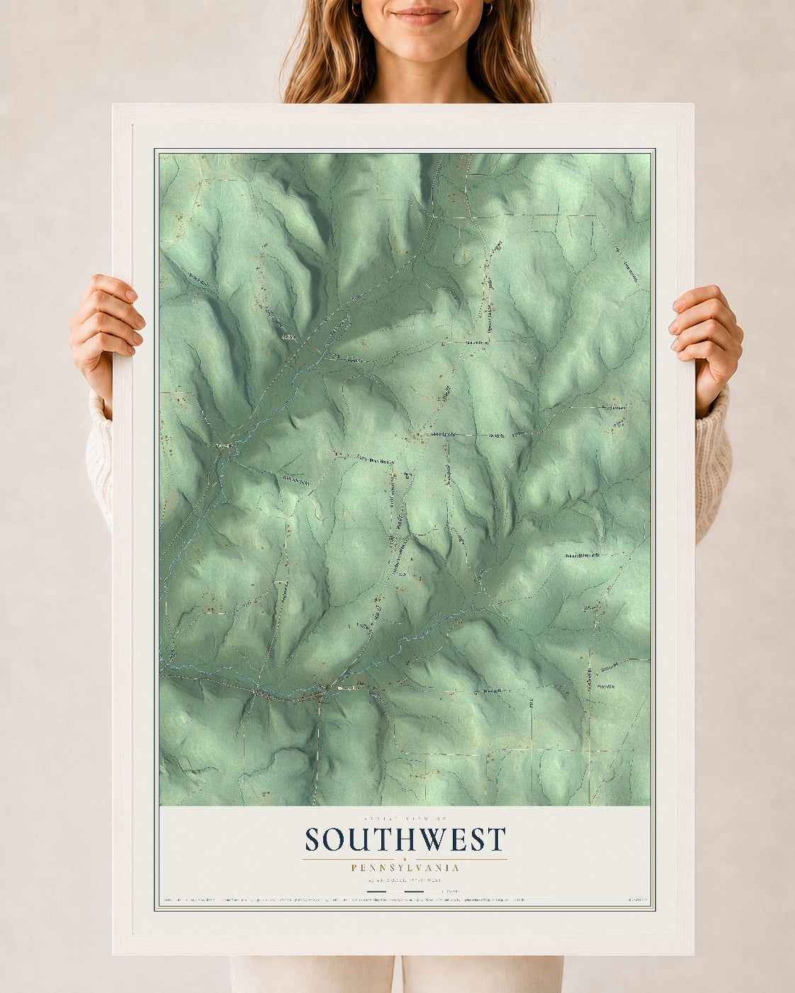 Map of Southwest, Pennsylvania, 24 x 36 inch print in a white wood frame