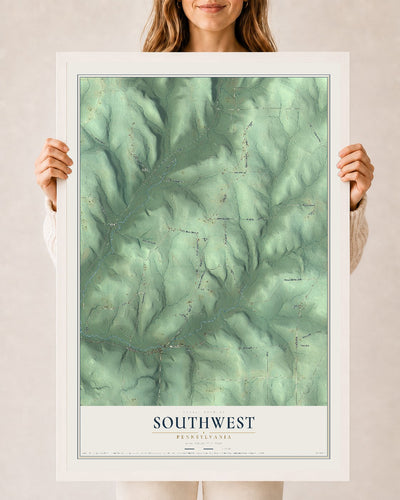 Map of Southwest, Pennsylvania, 24 x 36 inch print in a white wood frame