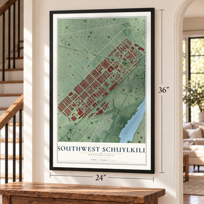Southwest Schuylkill, Pennsylvania map, 24 x 36 inch print in a black frame by a staircase