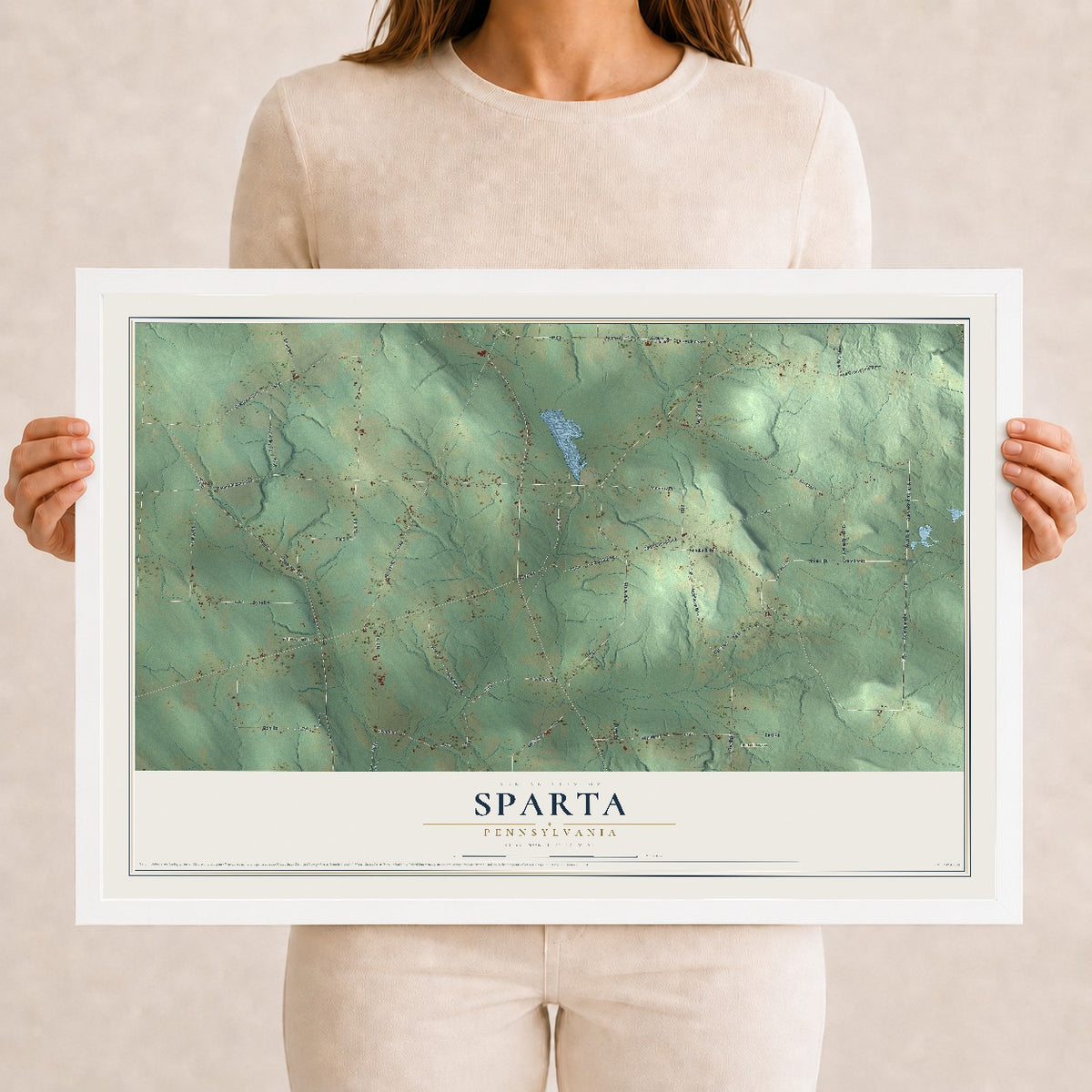 Map of Sparta, Pennsylvania, 12 x 18 inch print in a white wood frame