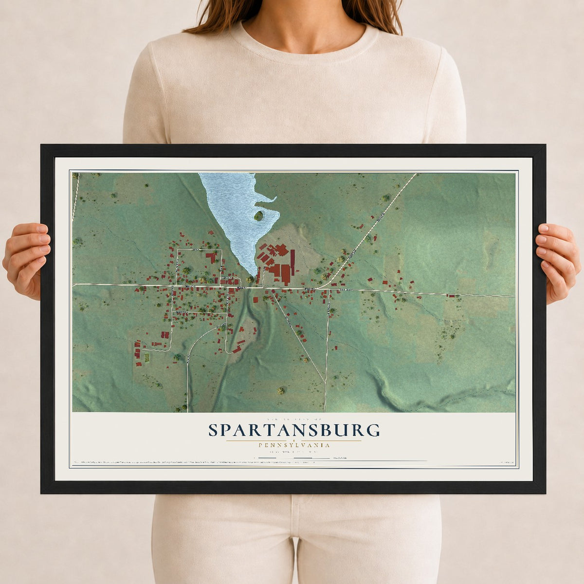 Map of Spartansburg, Pennsylvania, 12 x 18 inch print in a black wood frame