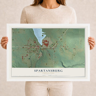 Map of Spartansburg, Pennsylvania, 12 x 18 inch print in a white wood frame