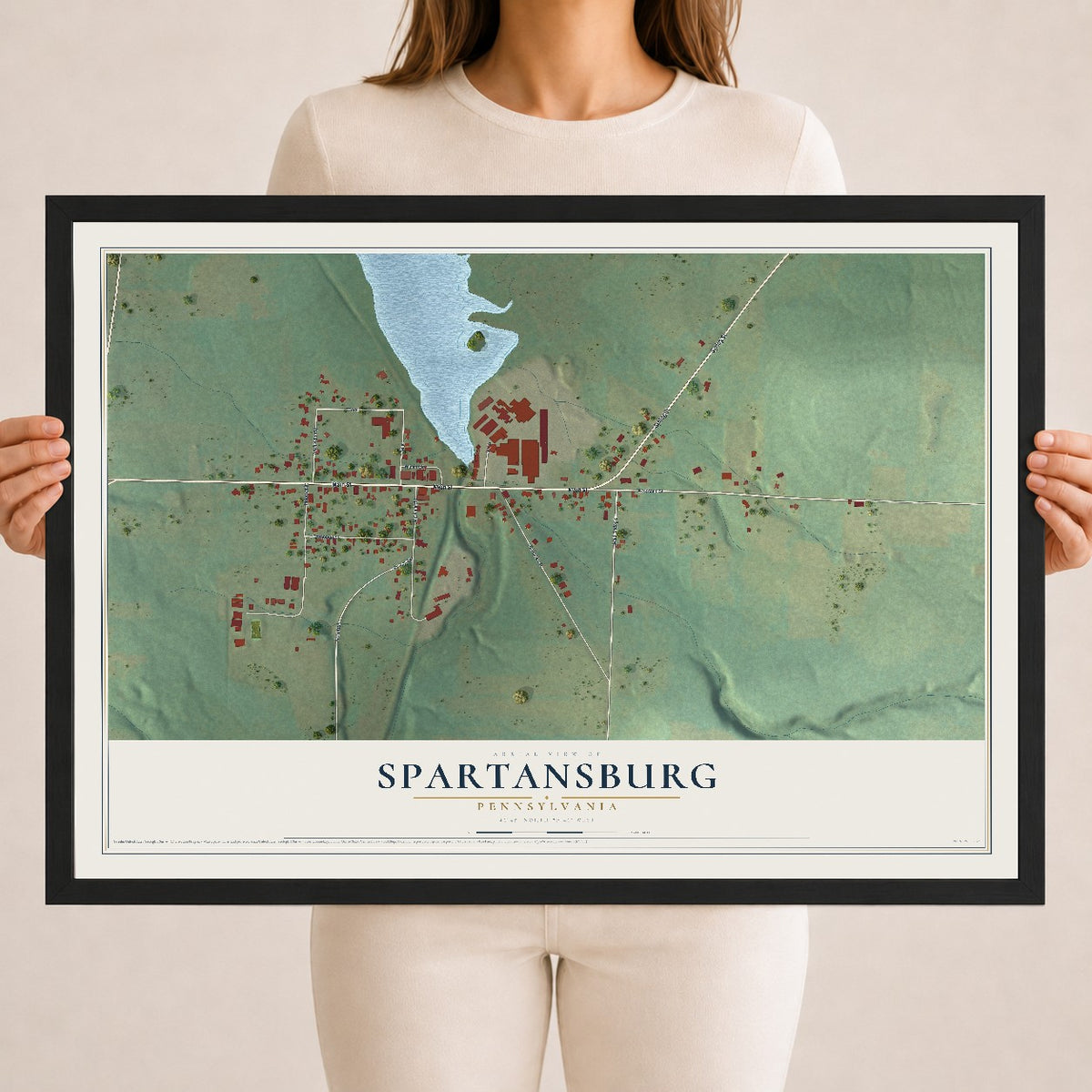 Map of Spartansburg, Pennsylvania, 18 x 24 inch print in a black wood frame