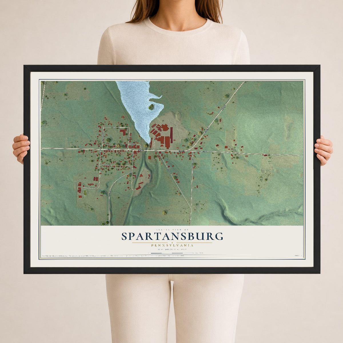 Map of Spartansburg, Pennsylvania, 24 x 36 inch print in a black wood frame