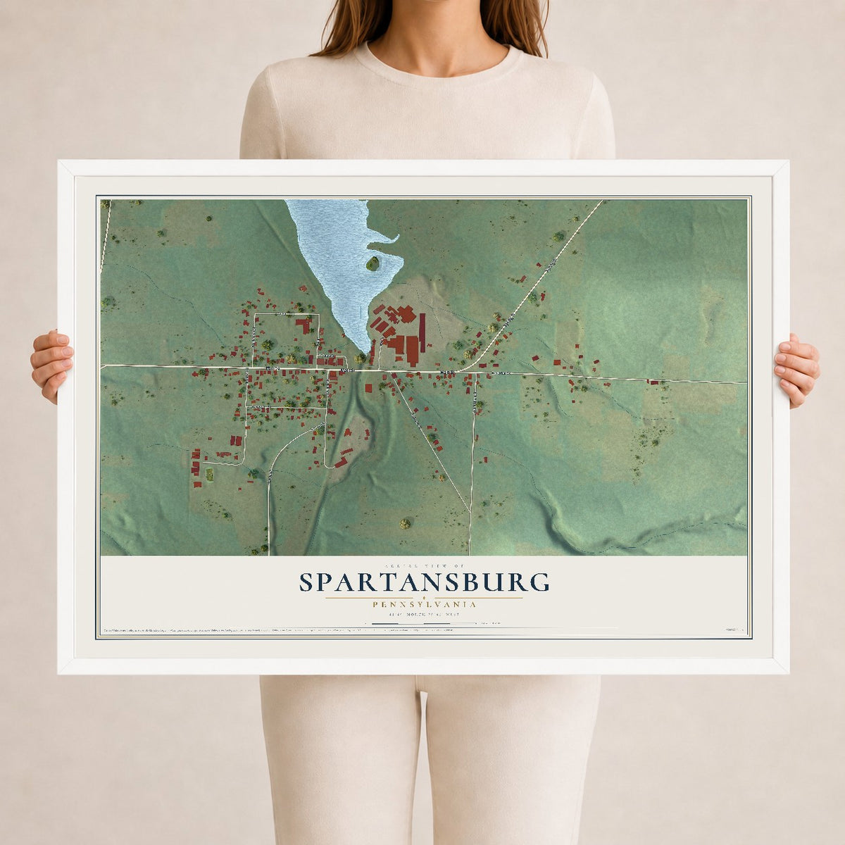 Map of Spartansburg, Pennsylvania, 24 x 36 inch print in a white wood frame