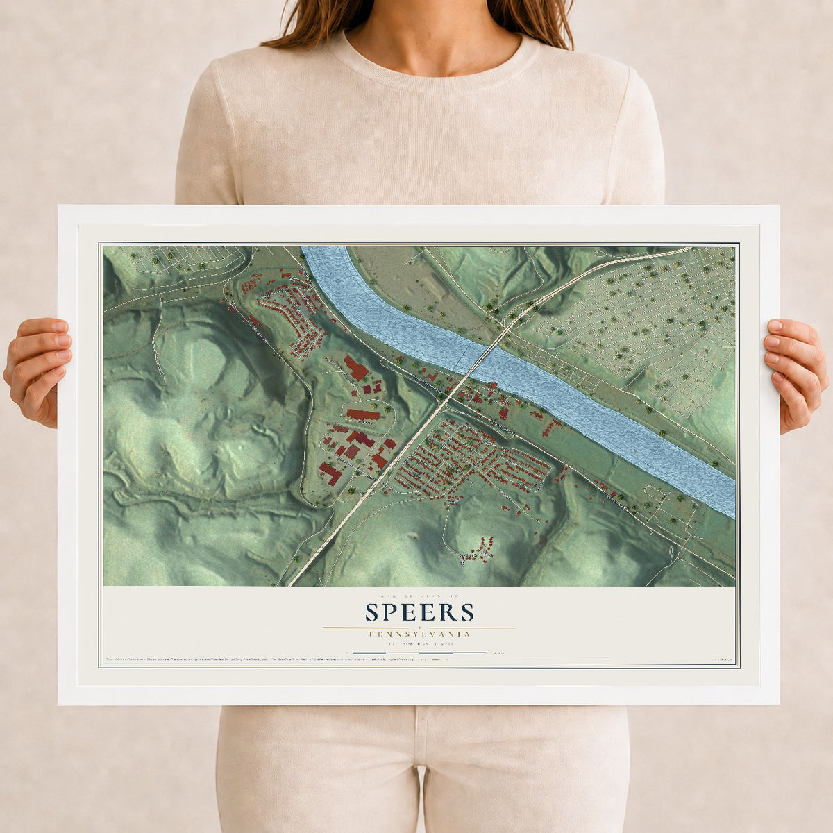 Map of Speers, Pennsylvania, 12 x 18 inch print in a white wood frame
