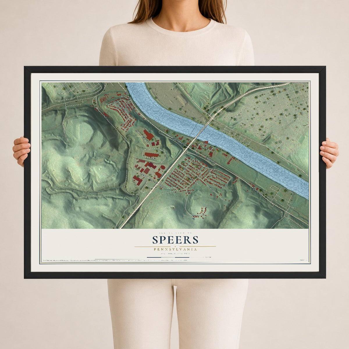 Map of Speers, Pennsylvania, 24 x 36 inch print in a black wood frame