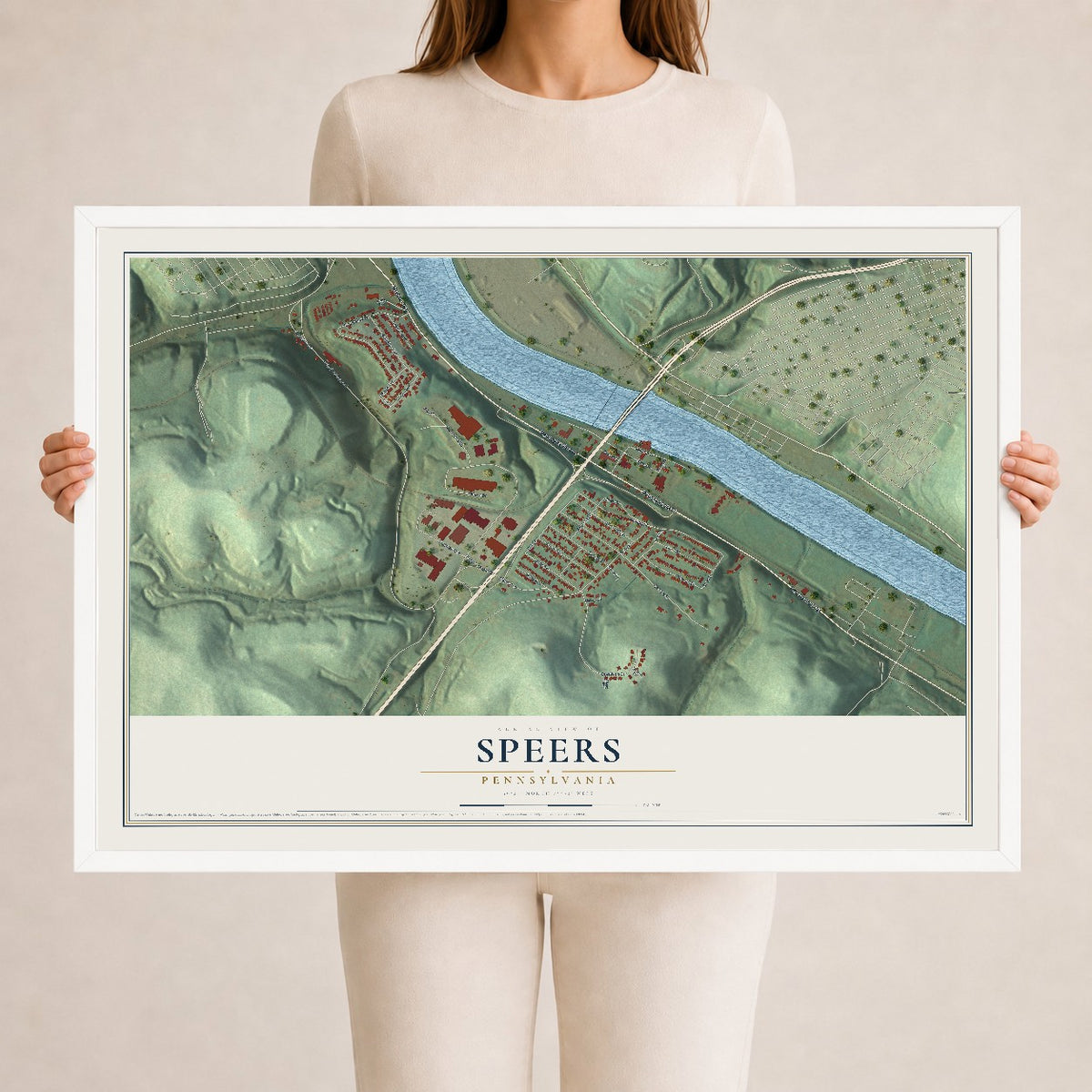 Map of Speers, Pennsylvania, 24 x 36 inch print in a white wood frame