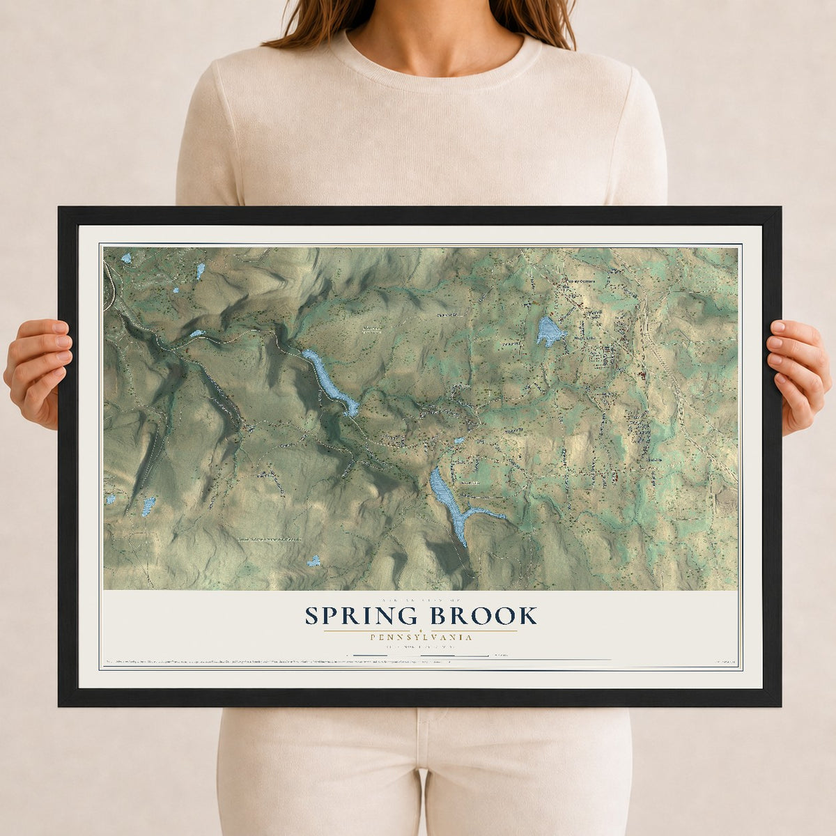 Map of Spring Brook, Pennsylvania, 12 x 18 inch print in a black wood frame