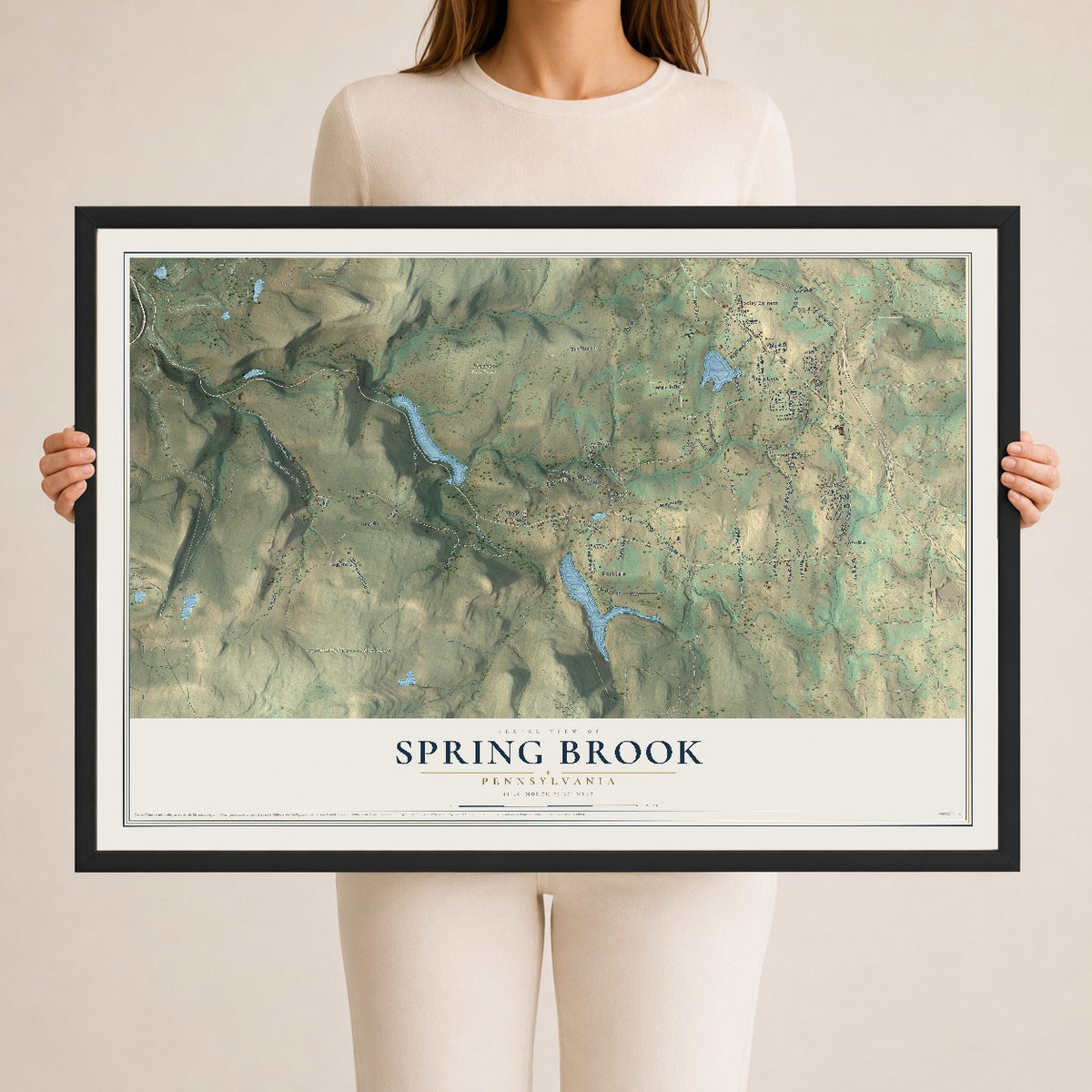 Map of Spring Brook, Pennsylvania, 24 x 36 inch print in a black wood frame