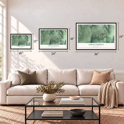 Spring Church, Pennsylvania map in 12 x 18, 18 x 24 and 24 x 36 inch sizes above a sofa