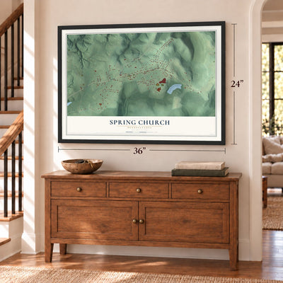 Spring Church, Pennsylvania map, 24 x 36 inch print in a black frame above a dresser by a staircase
