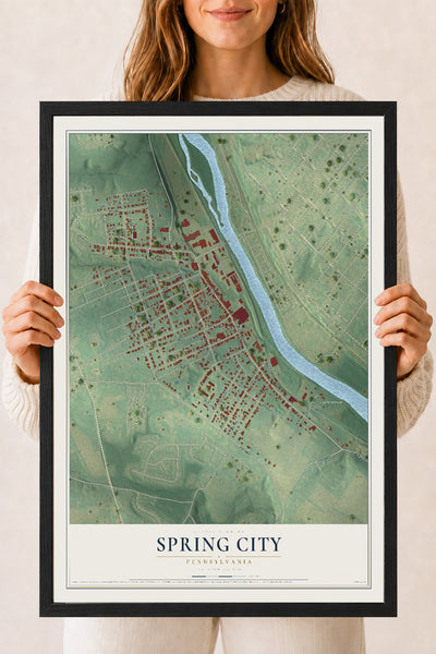 Map of Spring City, Pennsylvania, 18 x 24 inch print in a black wood frame