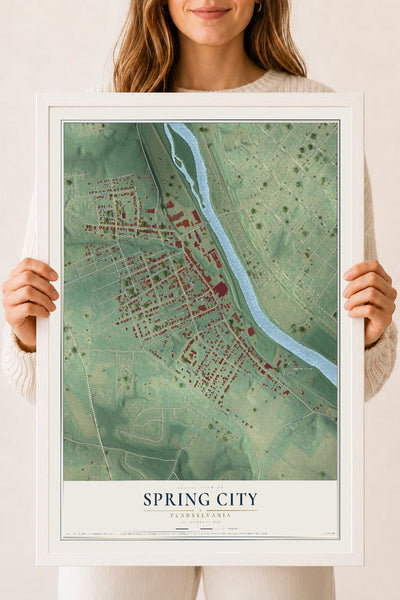 Map of Spring City, Pennsylvania, 18 x 24 inch print in a white wood frame