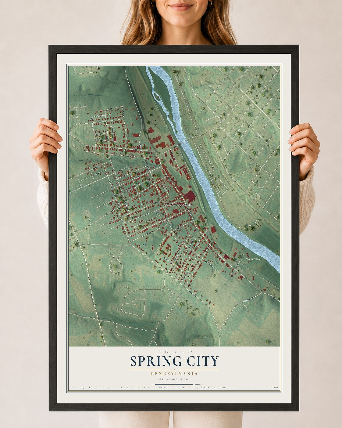 Map of Spring City, Pennsylvania, 24 x 36 inch print in a black wood frame