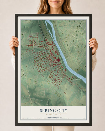 Map of Spring City, Pennsylvania, 24 x 36 inch print in a black wood frame