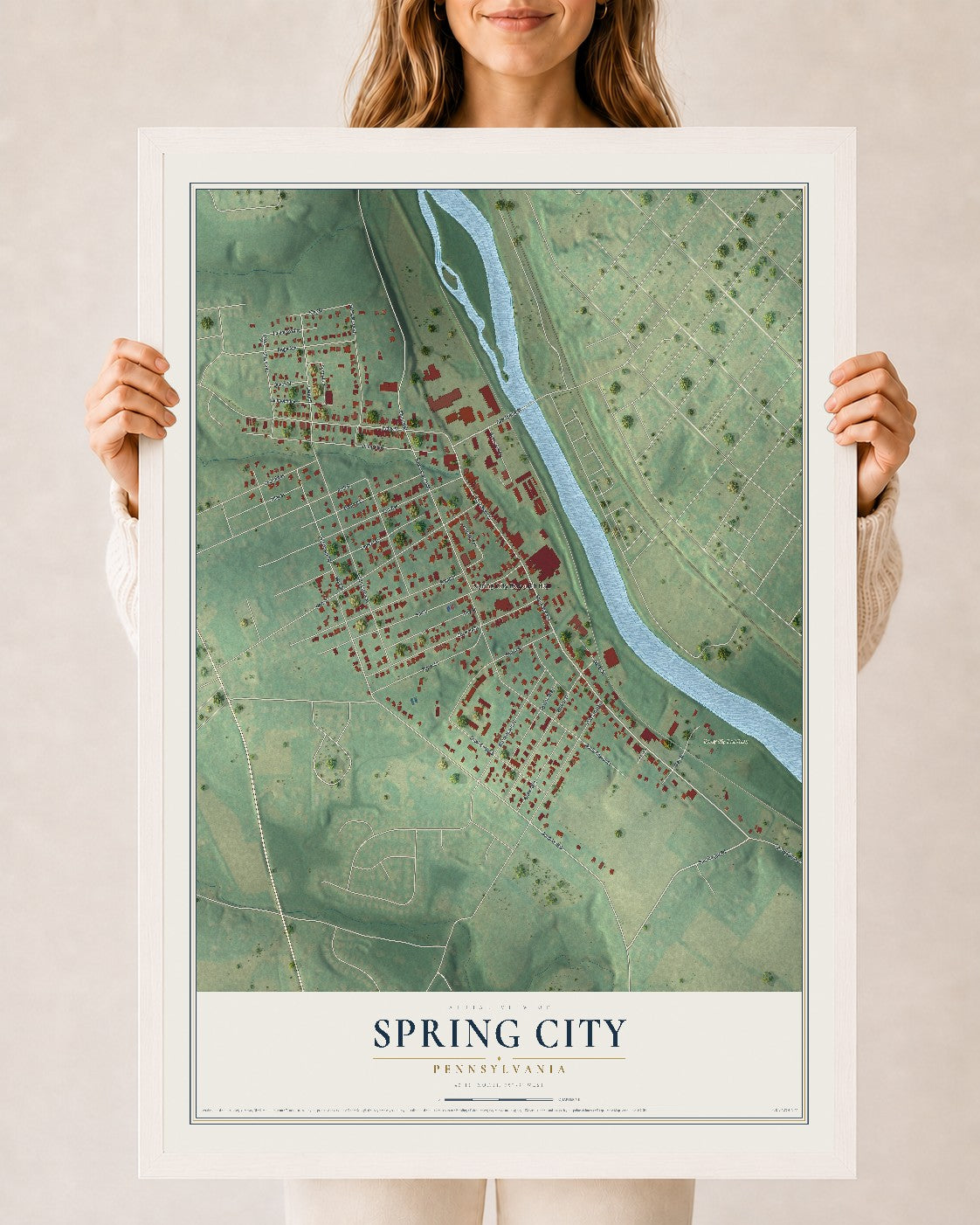 Map of Spring City, Pennsylvania, 24 x 36 inch print in a white wood frame