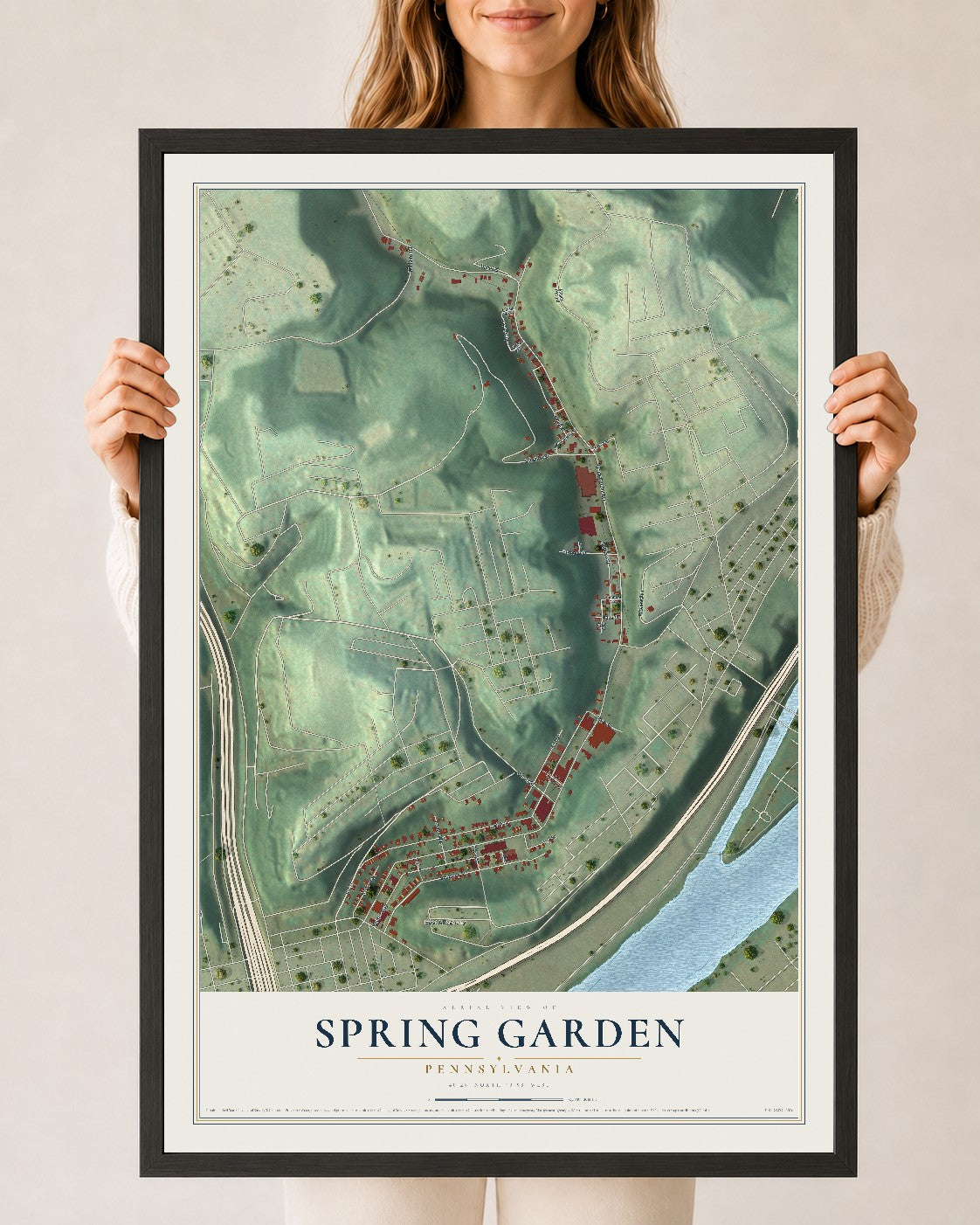 Map of Spring Garden, Pennsylvania, 24 x 36 inch print in a black wood frame