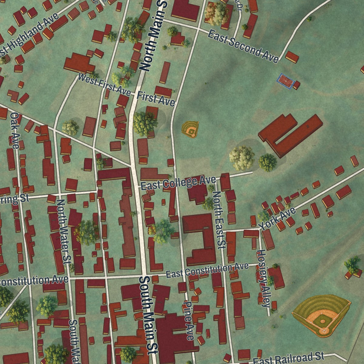 Close-up of the map of Spring Grove, Pennsylvania print showing street and building detail