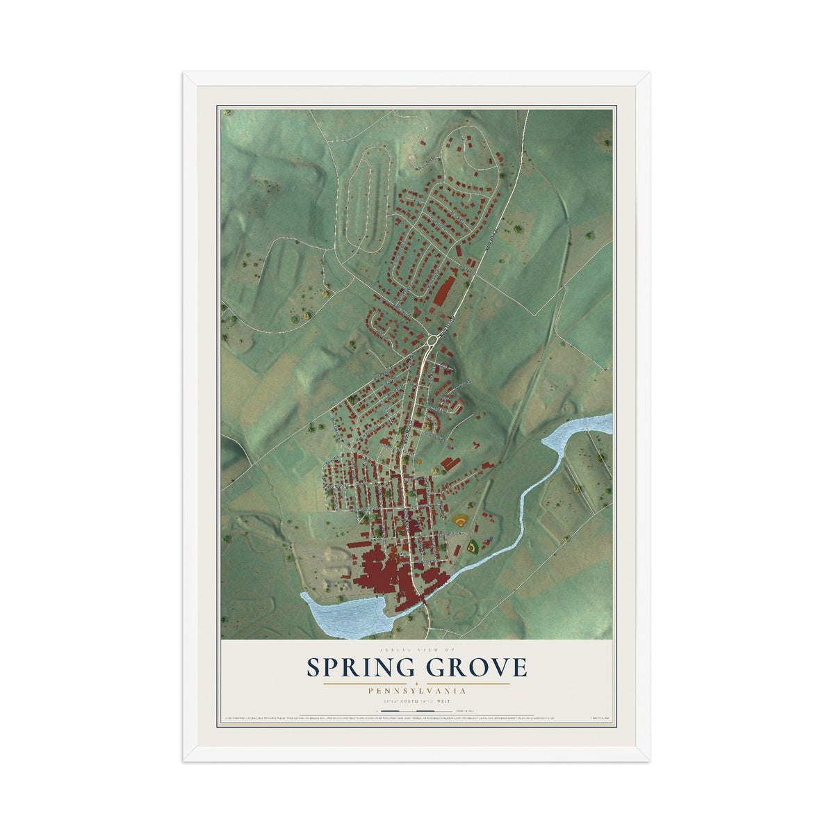 Map of Spring Grove, Pennsylvania, 12 x 18 inch print in a white wood frame