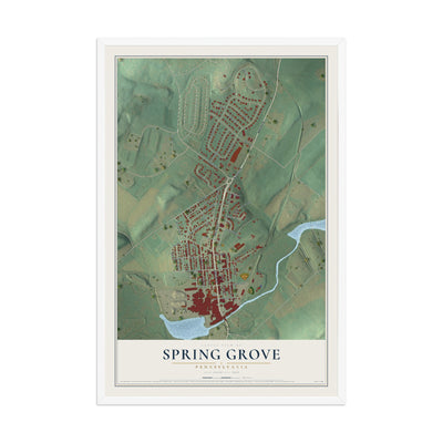 Map of Spring Grove, Pennsylvania, 12 x 18 inch print in a white wood frame