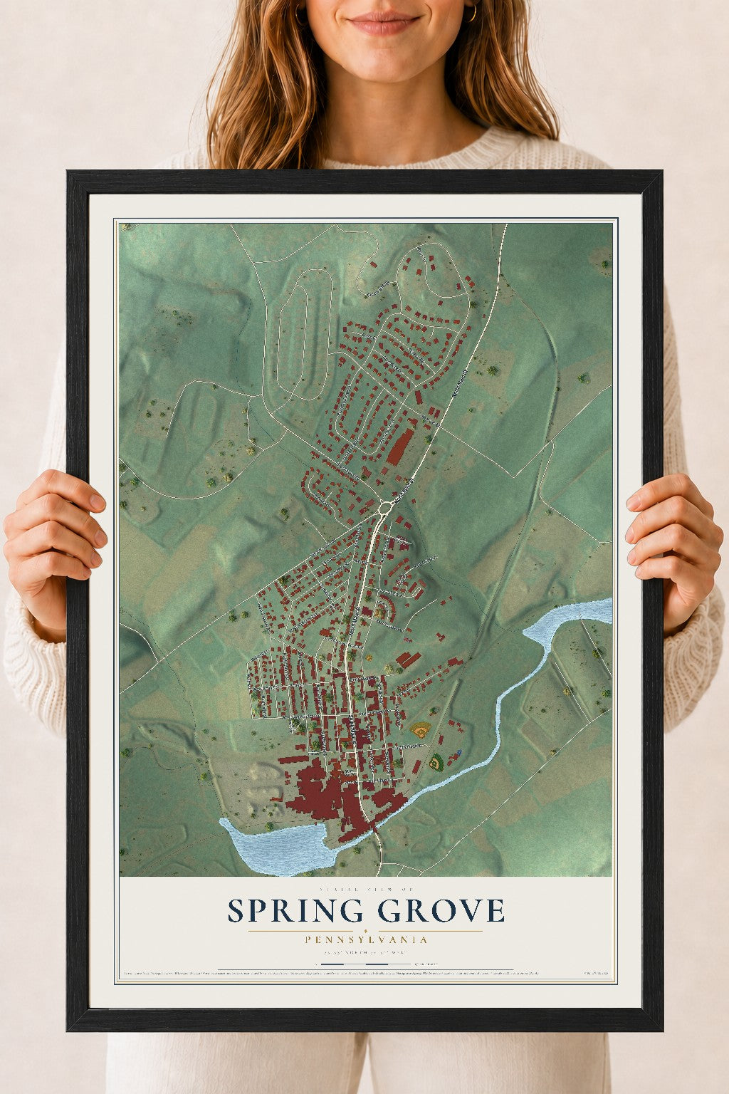 Map of Spring Grove, Pennsylvania, 18 x 24 inch print in a black wood frame