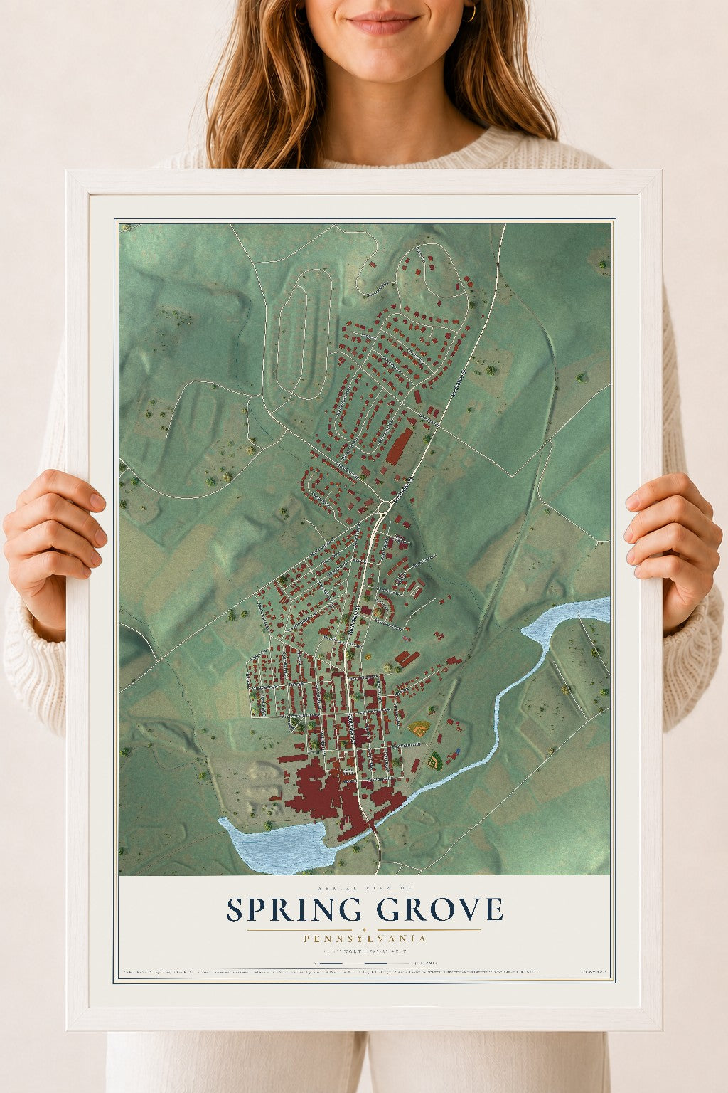 Map of Spring Grove, Pennsylvania, 18 x 24 inch print in a white wood frame