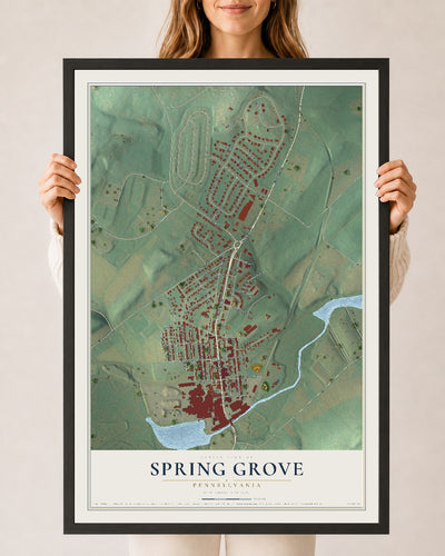 Map of Spring Grove, Pennsylvania, 24 x 36 inch print in a black wood frame