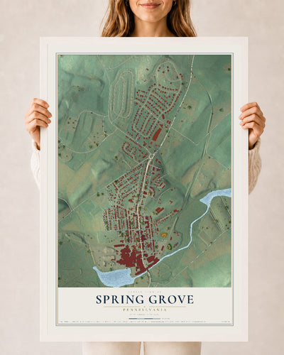 Map of Spring Grove, Pennsylvania, 24 x 36 inch print in a white wood frame