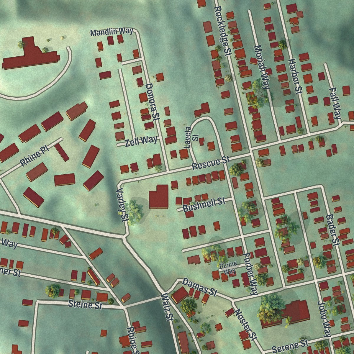Close-up of the map of Spring Hill-City View, Pennsylvania print showing street and building detail