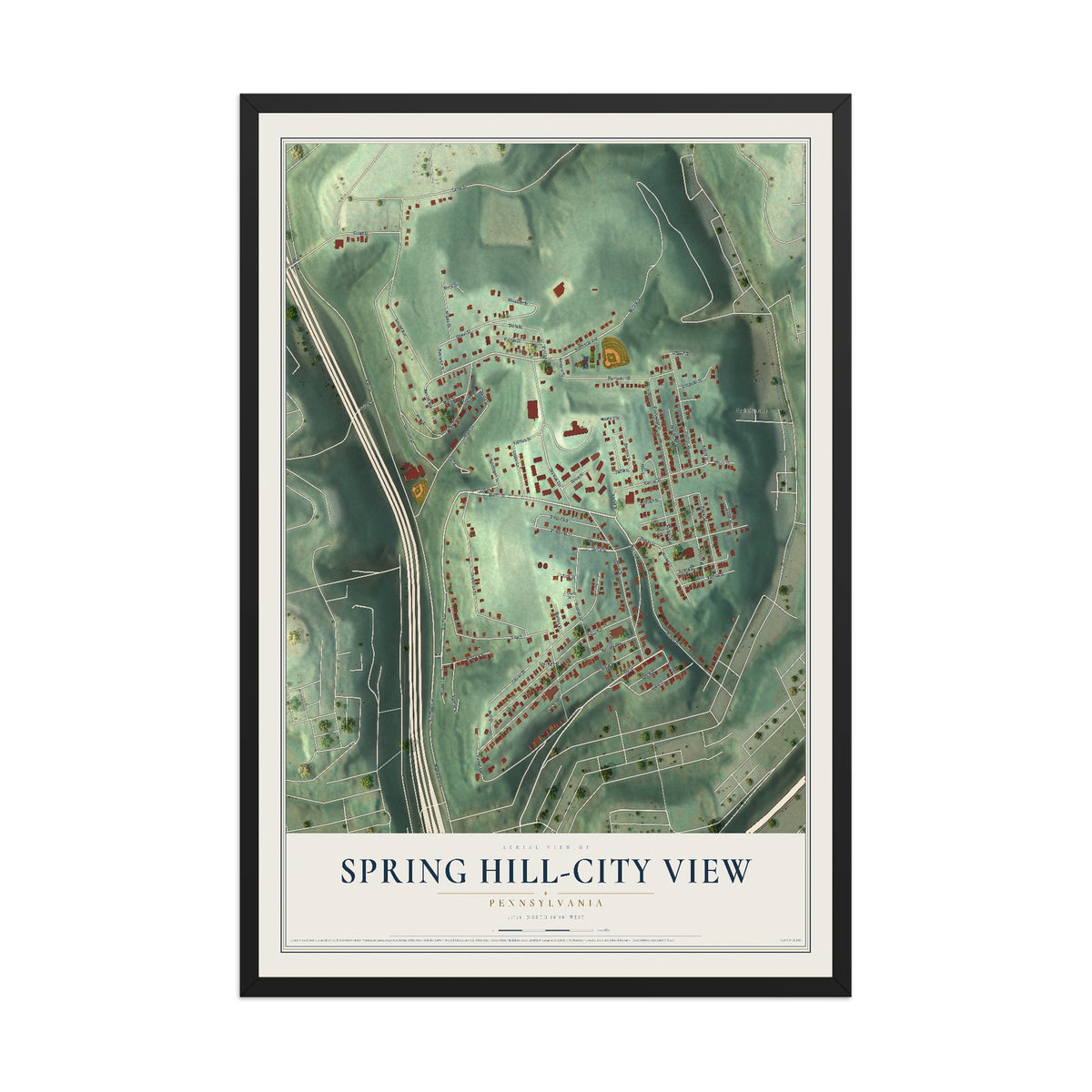 Map of Spring Hill-City View, Pennsylvania, 12 x 18 inch print in a black wood frame