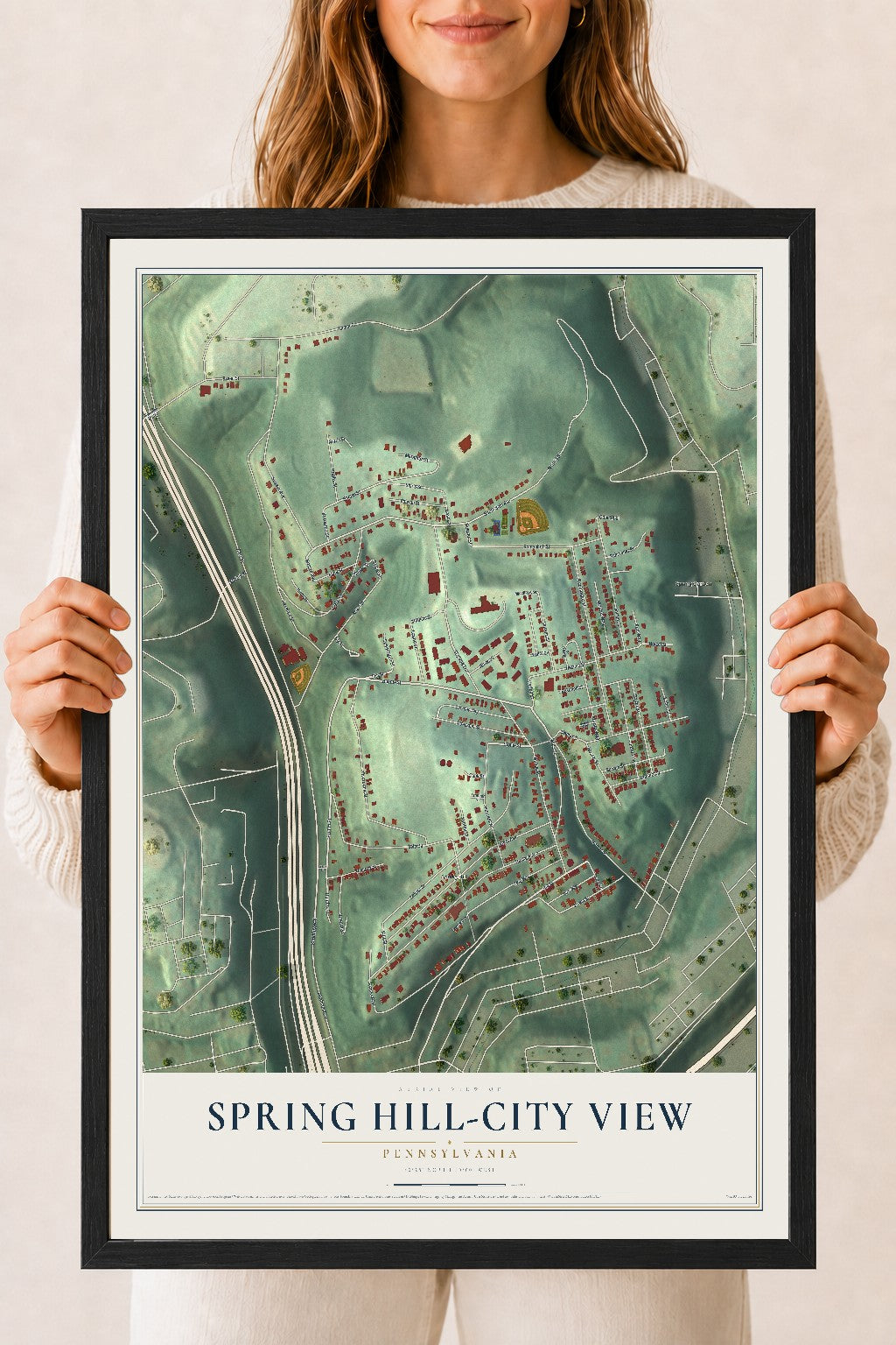 Map of Spring Hill-City View, Pennsylvania, 18 x 24 inch print in a black wood frame