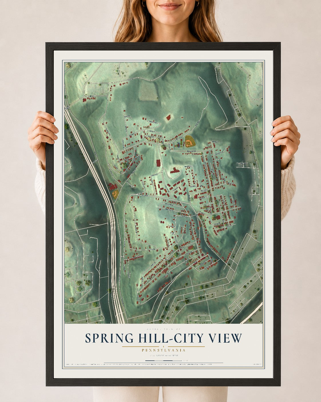 Map of Spring Hill-City View, Pennsylvania, 24 x 36 inch print in a black wood frame