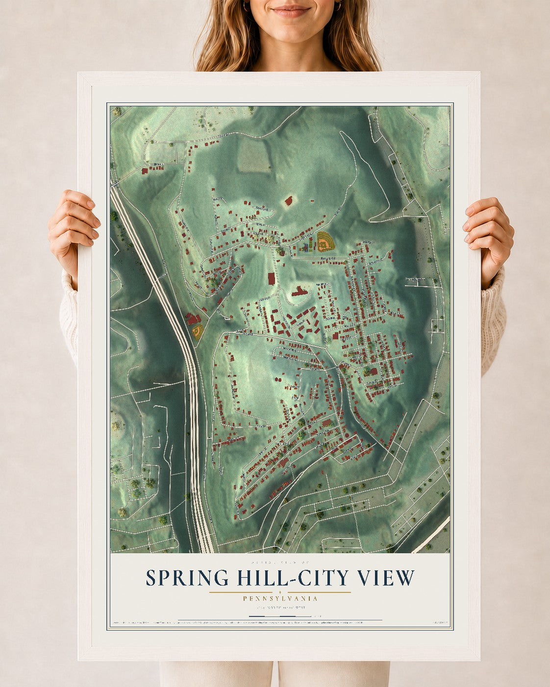 Map of Spring Hill-City View, Pennsylvania, 24 x 36 inch print in a white wood frame