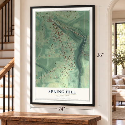 Spring Hill, Pennsylvania map, 24 x 36 inch print in a black frame by a staircase