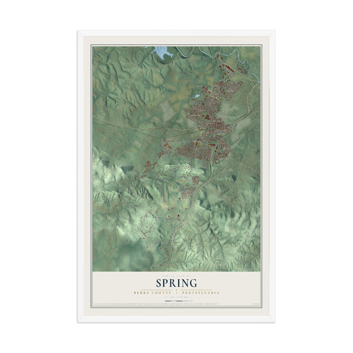 Map of Spring, Berks County, Pennsylvania, 12 x 18 inch print in a white wood frame