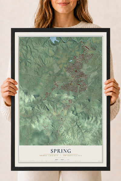 Map of Spring, Berks County, Pennsylvania, 18 x 24 inch print in a black wood frame
