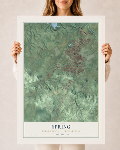 Map of Spring, Berks County, Pennsylvania, 24 x 36 inch print in a white wood frame