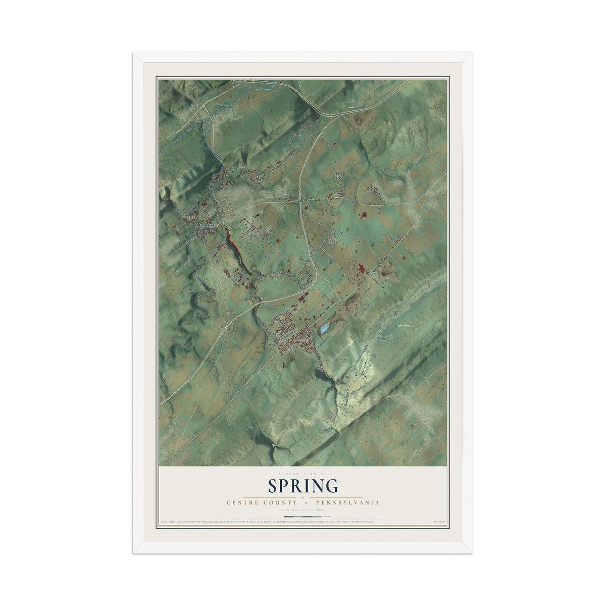 Map of Spring, Centre County, Pennsylvania, 12 x 18 inch print in a white wood frame