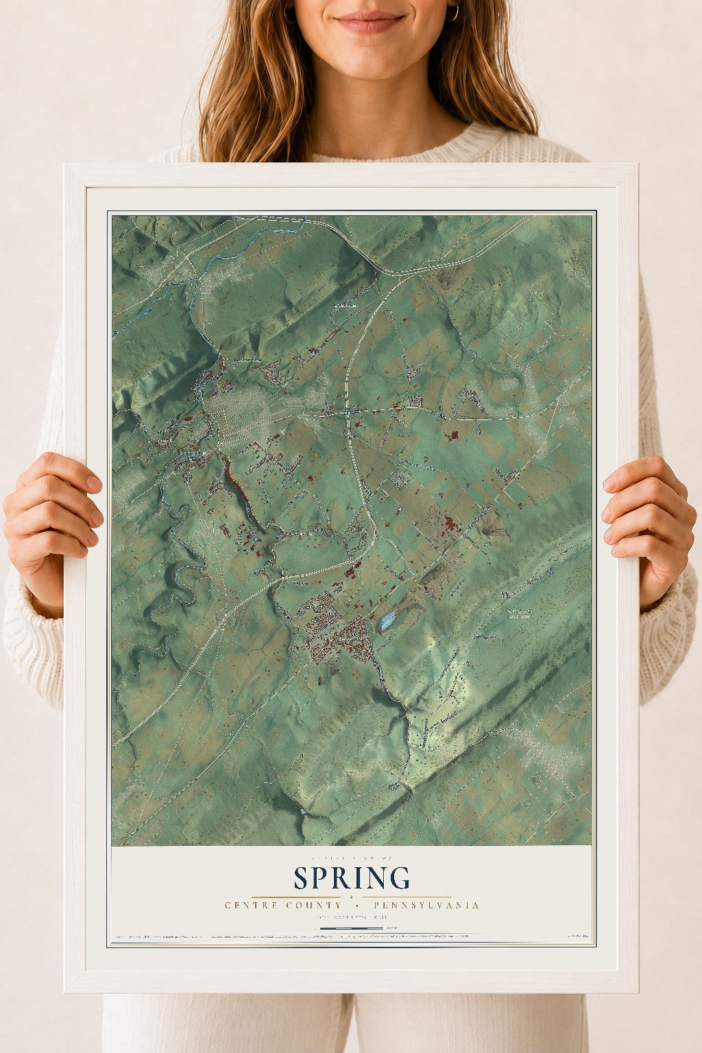 Map of Spring, Centre County, Pennsylvania, 18 x 24 inch print in a white wood frame