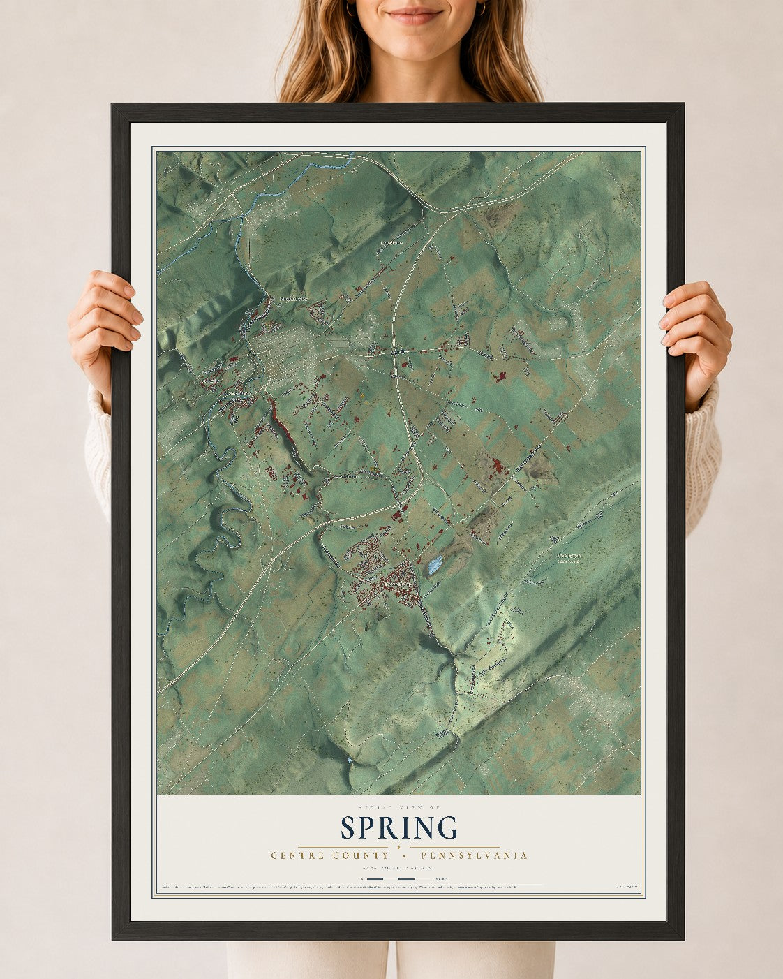 Map of Spring, Centre County, Pennsylvania, 24 x 36 inch print in a black wood frame
