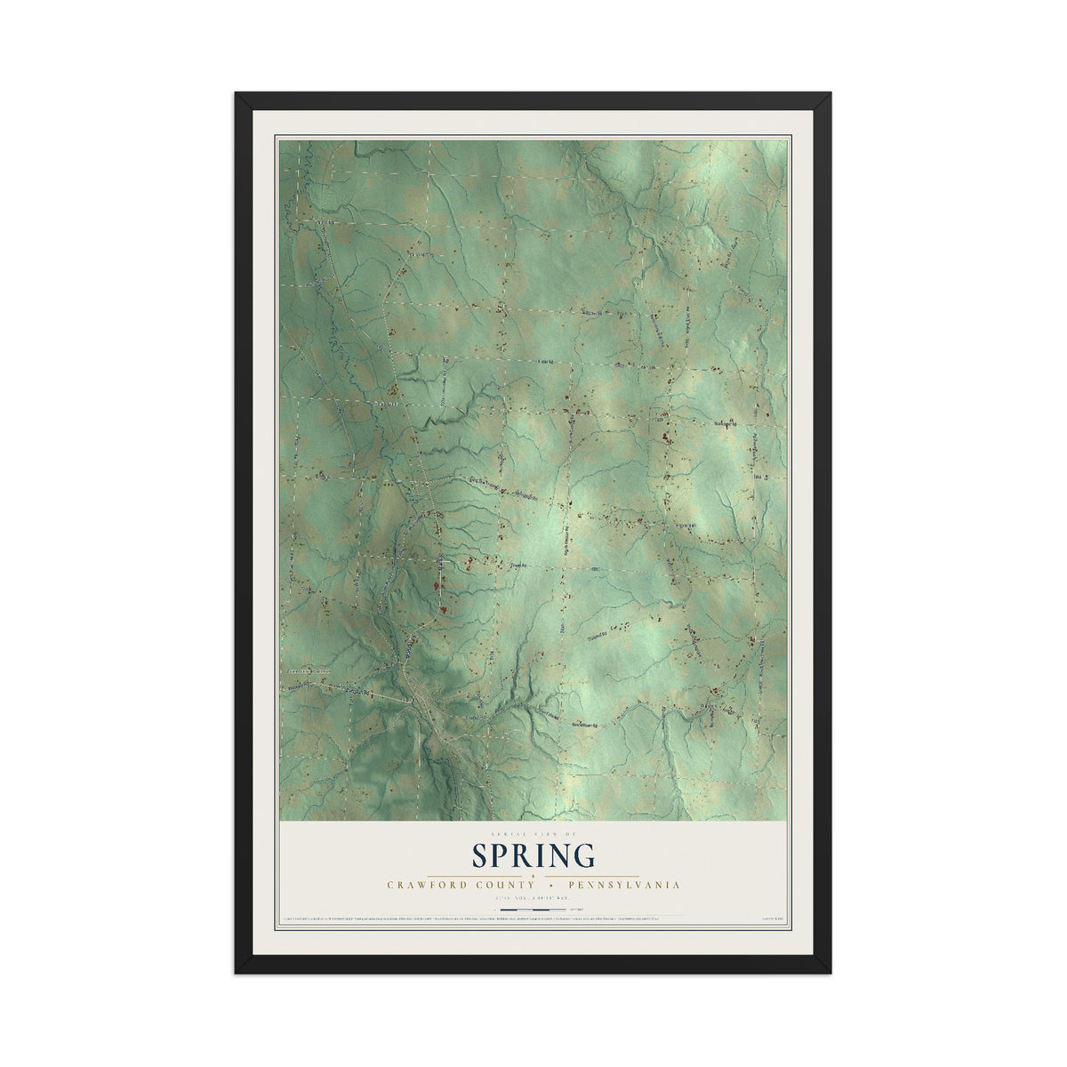Map of Spring, Crawford County, Pennsylvania, 12 x 18 inch print in a black wood frame