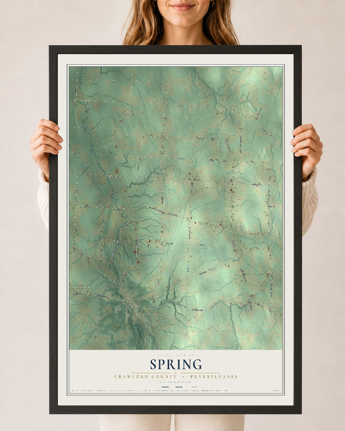 Map of Spring, Crawford County, Pennsylvania, 24 x 36 inch print in a black wood frame