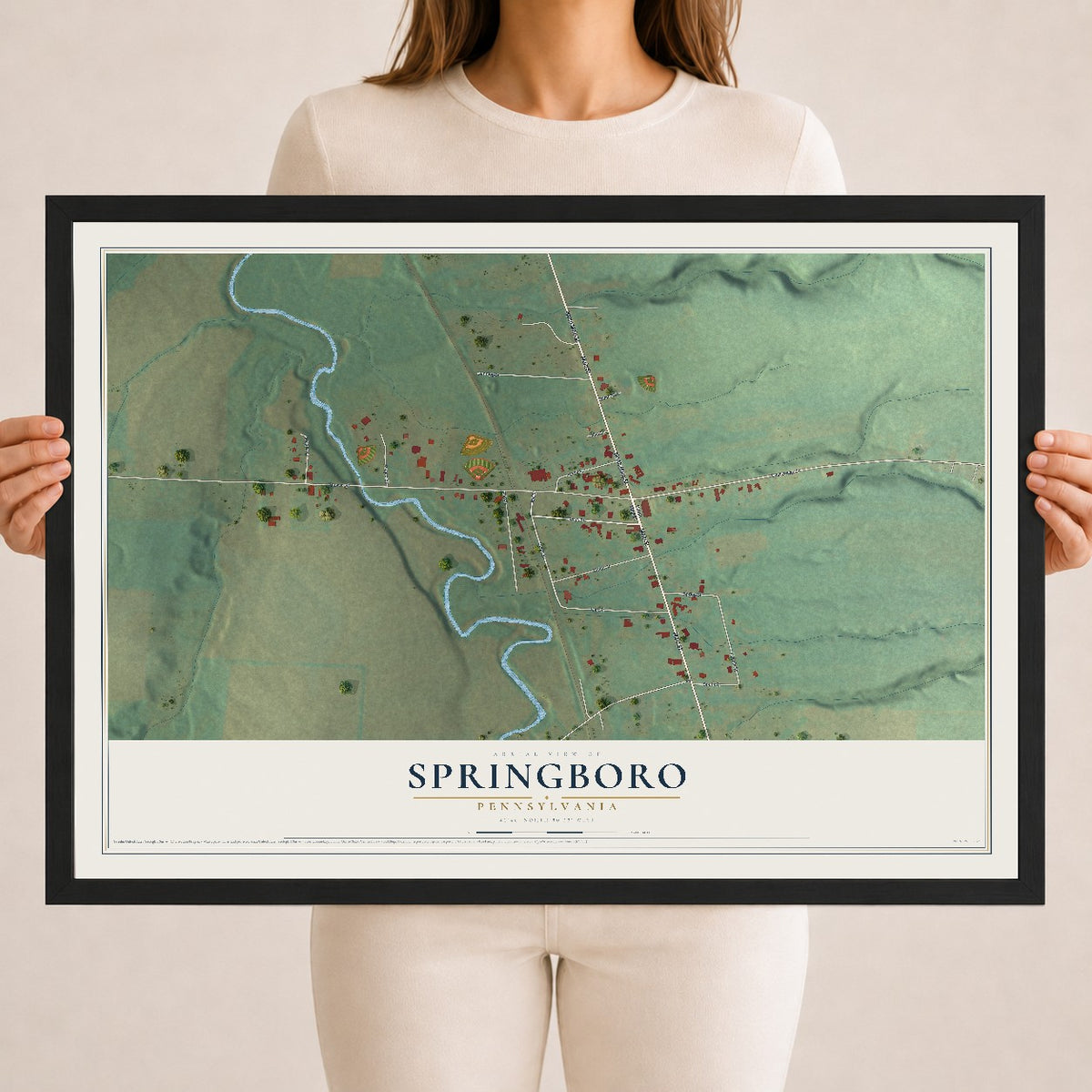 Map of Springboro, Pennsylvania, 18 x 24 inch print in a black wood frame