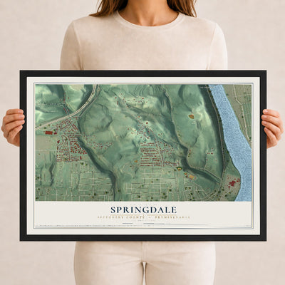 Map of Springdale, Allegheny County, Pennsylvania, 12 x 18 inch print in a black wood frame