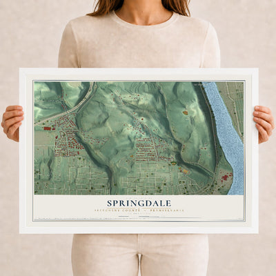 Map of Springdale, Allegheny County, Pennsylvania, 12 x 18 inch print in a white wood frame