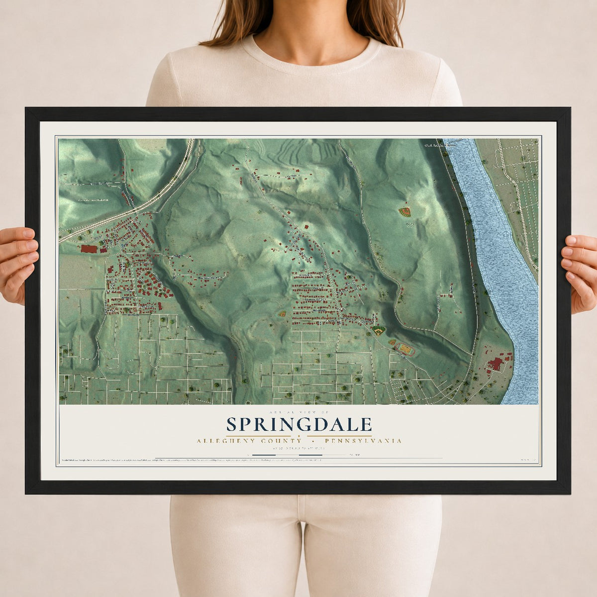 Map of Springdale, Allegheny County, Pennsylvania, 18 x 24 inch print in a black wood frame