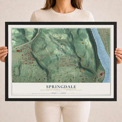 Map of Springdale, Allegheny County, Pennsylvania, 18 x 24 inch print in a black wood frame