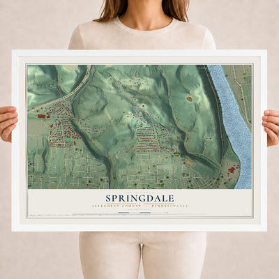 Map of Springdale, Allegheny County, Pennsylvania, 18 x 24 inch print in a white wood frame